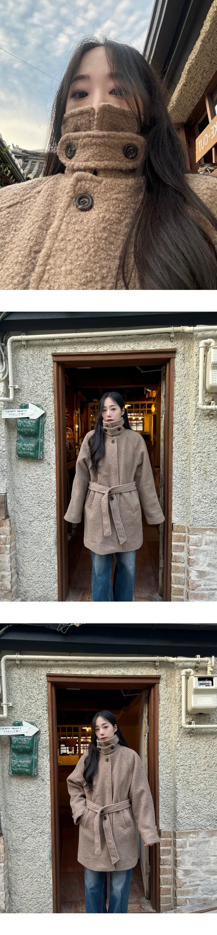 [2온스 누빔안감/울코트] 울 하이넥 뽀글이 스트랩 퍼 부클 하프 코트 상세 이미지 7