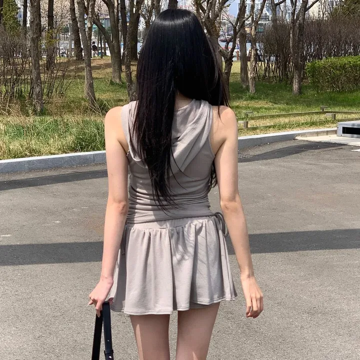 [유니크🖤] 미니 후드 세트 / 후드티 반팔티 투피스 치마바지 플레어 플리츠 레이어드 스커트 민소매 오프숄더 여름반팔 셔링 크롭티 크롭반팔 미니스커트 캉캉치마 캉캉스커트 블랙 상세 이미지 40