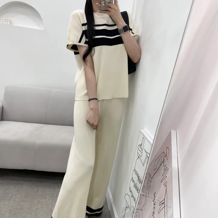 [set/1탄!]배색 니트 반팔 롱 와이드 팬츠 투피스 트레이닝 세트 2color 상세 이미지 5