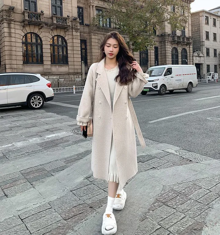 파스텔 더블 버튼 빅카라 테일러드 벨트 모직 롱 코트 상세 이미지 6