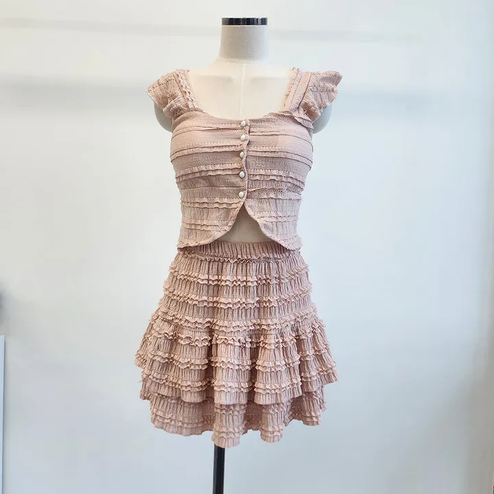 [당일발송] 4Color (캡내장)단추 펀칭 셔링 프릴 뷔스티에 크롭 나시 밴딩 미니 스커트 투피스 세트*2091 상세 이미지 30