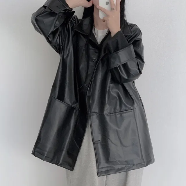 美品ブラックレザーVネックジャケット　36 womens-black-label-fw25-