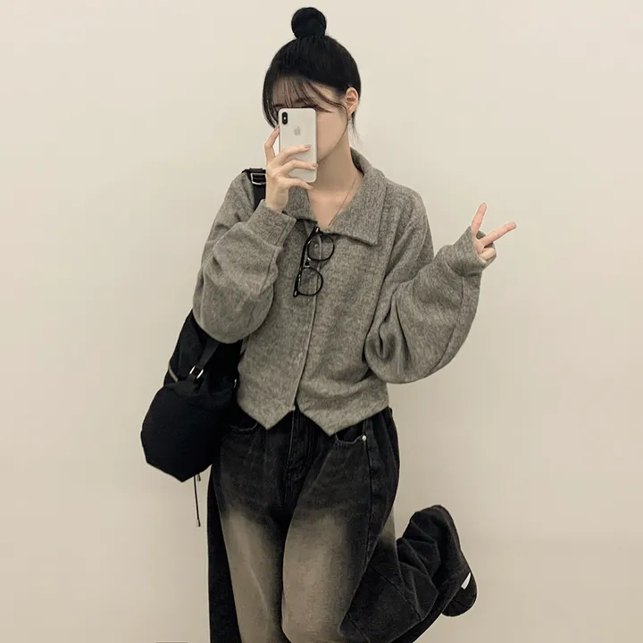 [보들보들🖤/귀여움] 아방핏 카라 스냅 단추 긴팔 세미크롭 벌룬가디건 상세 이미지 4