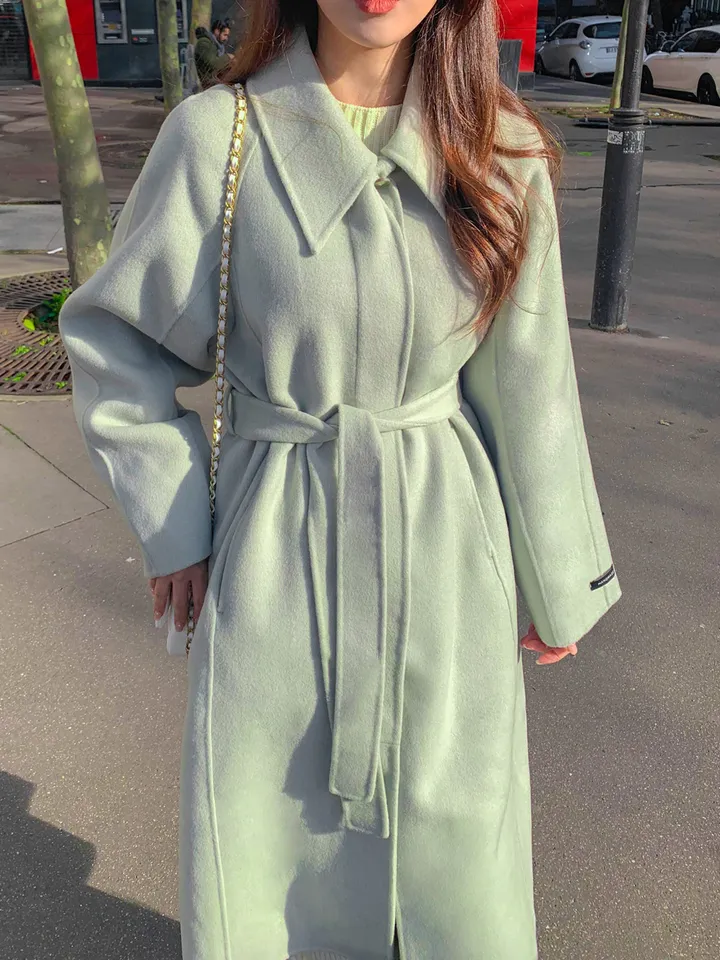 [메리노울100%🤎handmade] 백화점퀄 wool 핸드메이드 롱 울 코트 카라 로브 모직 루즈핏 벨트 싱글 히든버튼 트임 겨울 아우터 네이비 베이지 민트 3col 상세 이미지 24