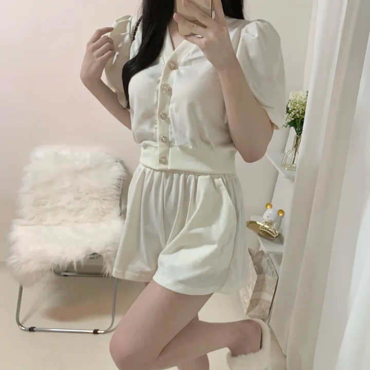 [세트가격/러블리*.*] 하트 퍼프 반팔 루즈핏 크롭 가디건 + 밴딩 와이드 숏 반바지 투피스 세트 3color 상세 이미지 12