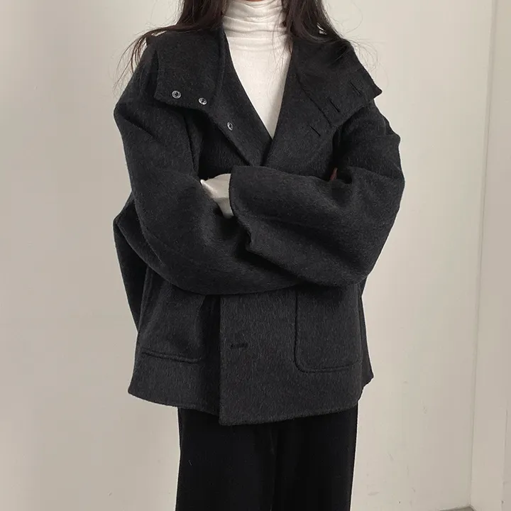 (껴입어도 넉넉한 사이즈) 오버핏 울 핸드메이드 후드 하프코트 상세 이미지 20