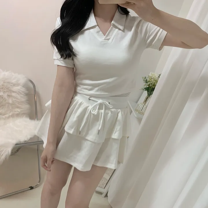 [세트가격/러블리💛] 플레인 배색 카라 크롭 반팔 + 밴딩 캉캉 치마바지 미니스커트 투피스 세트 4color 상세 이미지 37