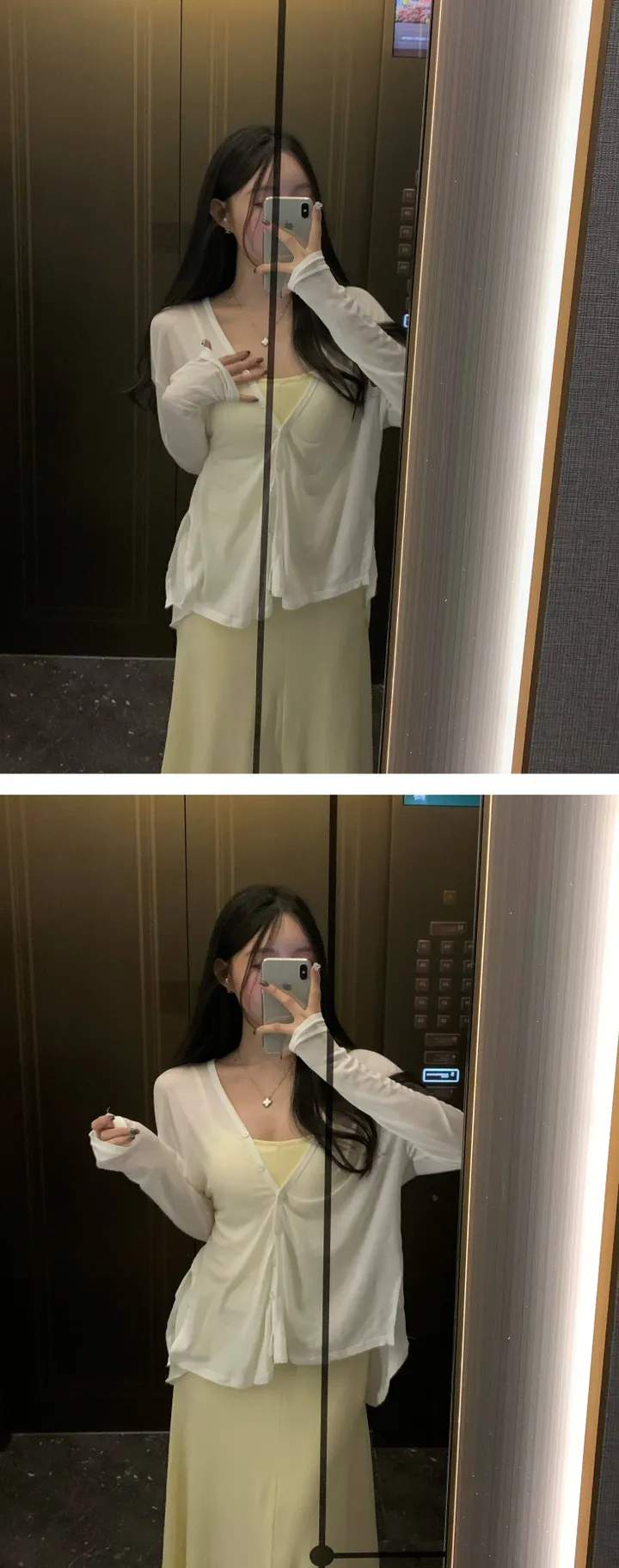 공항SET✈️[원피스+가디건세트] 캡내장⭕ 쫀쫀 스판 셔링 이너 맥시 끈 나시 롱원피스 커버업 여리 리본 백 트임 롱 언발 시스루 가디건 세트 원피스세트 상세 이미지 13