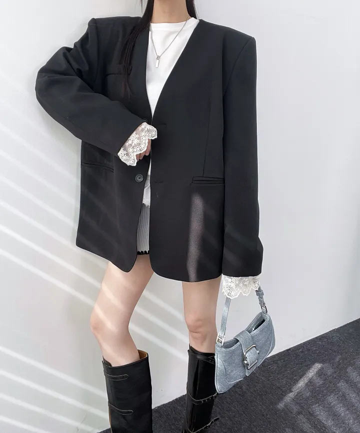 *핏대박레이스자켓* 봄옷 자켓 오버핏 레이어드 레이스 노카라 자켓 박시핏 봄아우터 봄자켓 레이스자켓 상세 이미지 17