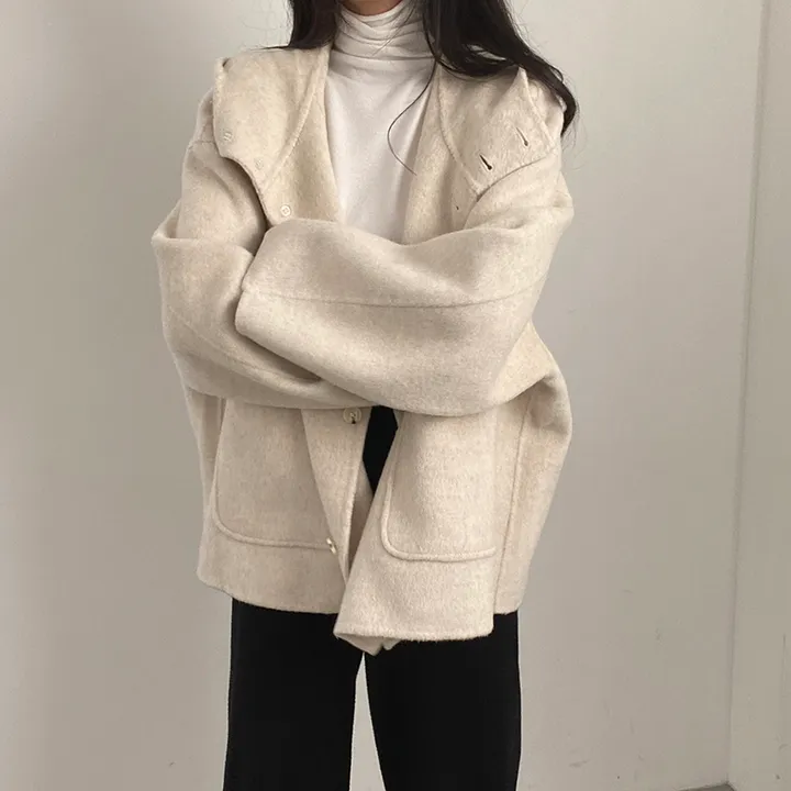 (껴입어도 넉넉한 사이즈) 오버핏 울 핸드메이드 후드 하프코트 상세 이미지 7