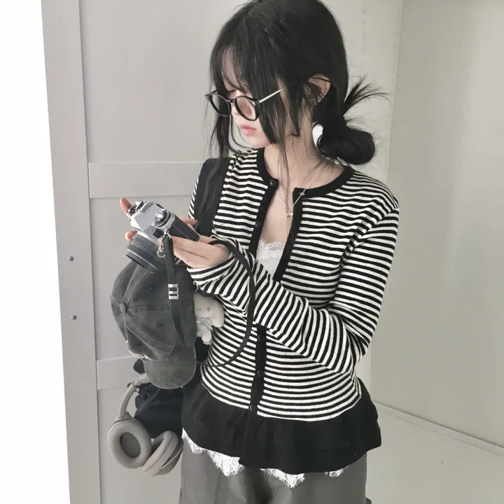 [하트단추🖤/스카시 펀칭] 말라핏 스트라이프 프릴 가디건 상세 이미지 10