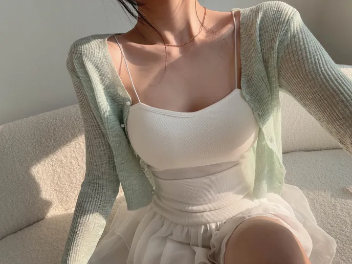 (8color) 【여리여리-!】 수채화 슬림핏 시스루 롱슬리브 진주 버튼 부클 가디건 상세 이미지 52