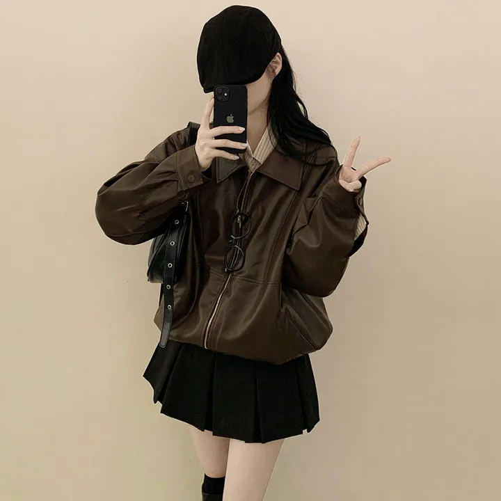 [찐오버핏/고퀄!] 카라 블루종 레더자켓 밴딩 시보리 점퍼 브라운 블랙 상세 이미지 8