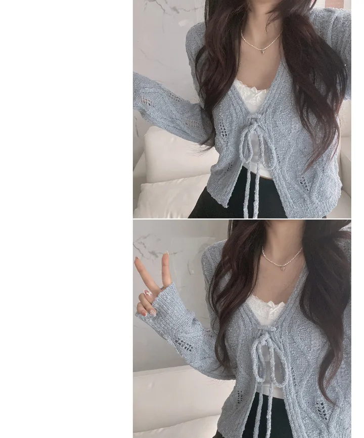 [주문폭주🤍/그물템💕/끈제거가능!] 베일리 그물 니트 리본 가디건 상세 이미지 9