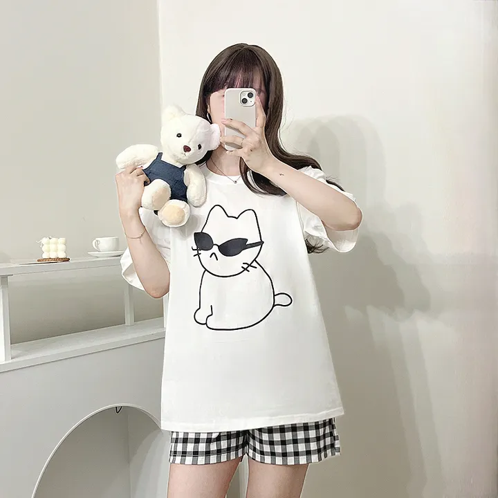 🖤[당일출고/남녀공용]🖤 고양이 캣 잠옷 파자마 상하세트 체크바지 빅사이즈 박시핏 루즈핏 오버핏 박시티 반팔 티 티셔츠 여름 면티 커플티 커플룩 커플티셔츠 커플잠옷 순면 상세 이미지 6