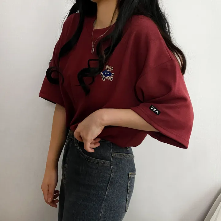 [예쁨/데일리] 베어 라벨 자수 오버핏 반팔티T 상세 이미지 6