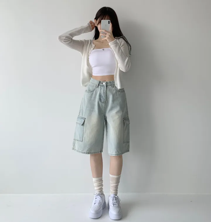 후기극찬![핏보장❤︎/힙무드/~XL] 이브닝 빈티지 힙 워싱 하이웨스트 와이드 카고 하프 버뮤다 5부 청 반바지 데님 팬츠 빅사이즈 상세 이미지 11