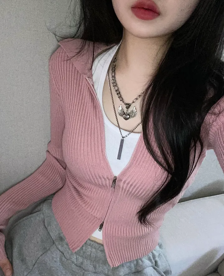 [벚꽃룩🌷/핏,리뷰보장]투웨이 카라 크롭 골지 니트 집업 상세 이미지 10