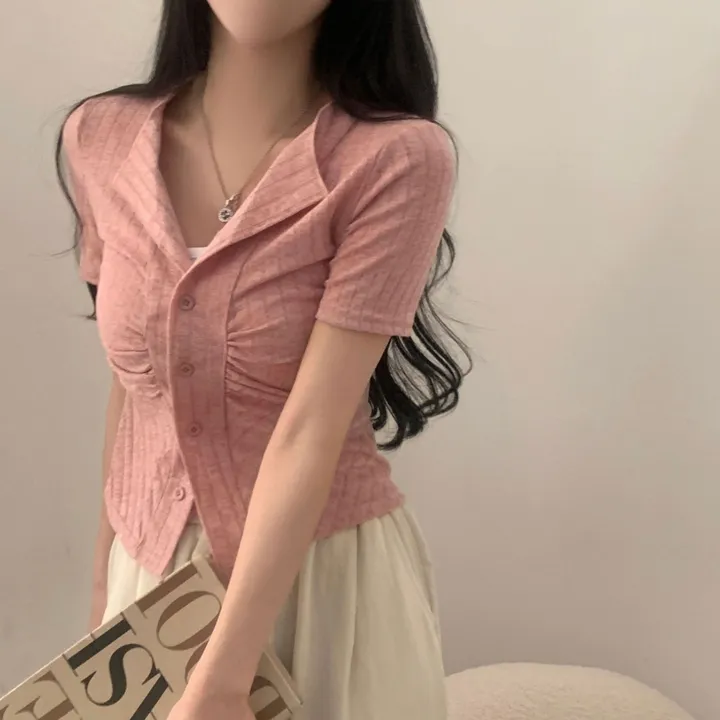 [봄,여름🤍반팔ver.] 보들여리 셔링 골지 카라 단추 반팔니트 가디건,티셔츠 - 5color 상세 이미지 7