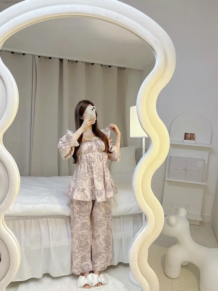 *빠른입고 [주문폭주💞/백화점라인]블루밍핑크 긴팔 원피스 투피스 스퀘어넥 트왈드주이 홈웨어 파자마 커플잠옷 상세 이미지 12