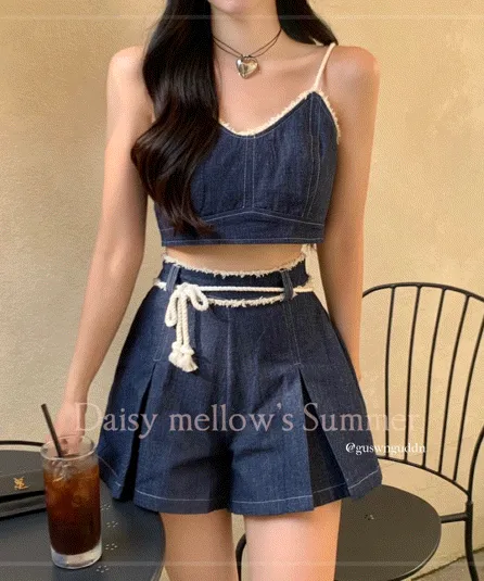 [ SET/ 데이트룩, 너무예쁨] 23ss 데님 매듭 셋업 미니원피스 ops 여행룩 y2k 청 투피스