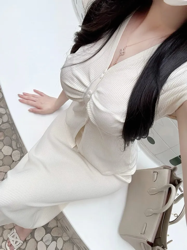 *여름원사/찰랑핏* 엘프 셔링 반캡니트 롱스커트 투피스세트 (4color) 라피에 / 여름투피스세트 여름투피스 셔링티셔츠 시원한티셔츠 반캡티셔츠 니트스커트세트 여름세트 여름코디 상세 이미지 1