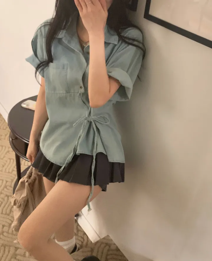 [단독판매🤍/리본포인트!] 데님 사이드 리본 포인트, 루즈핏 카라셔츠 남방 - 2color 상세 이미지 6