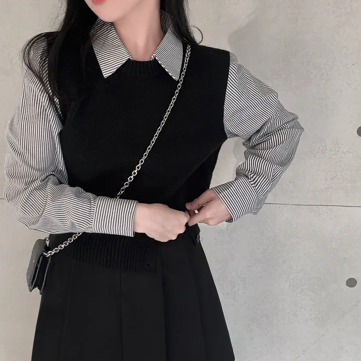 [단독/일체형!/✨주문폭주✨]올인원 쓰리버튼 레이어드 일체형 스트라이프 셔츠+니트조끼 상세 이미지 12