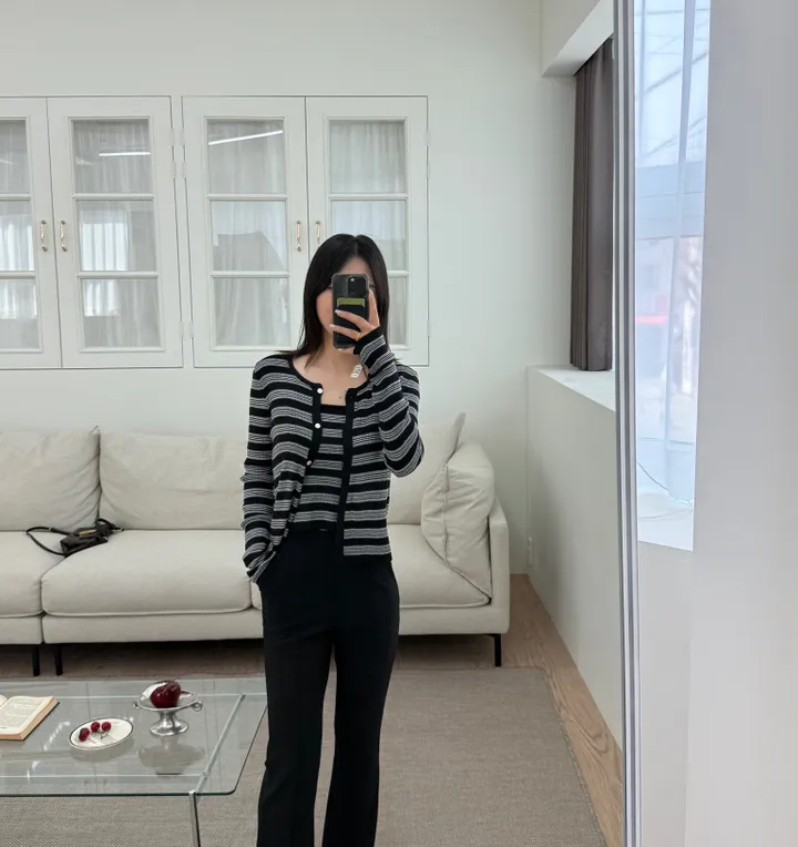 문의 폭주/봄신상 피코 부드러운 스프라이프 단가라 나시 가디건 세트 벚꽃 데이트룩 추천 (4color) 상세 이미지 2