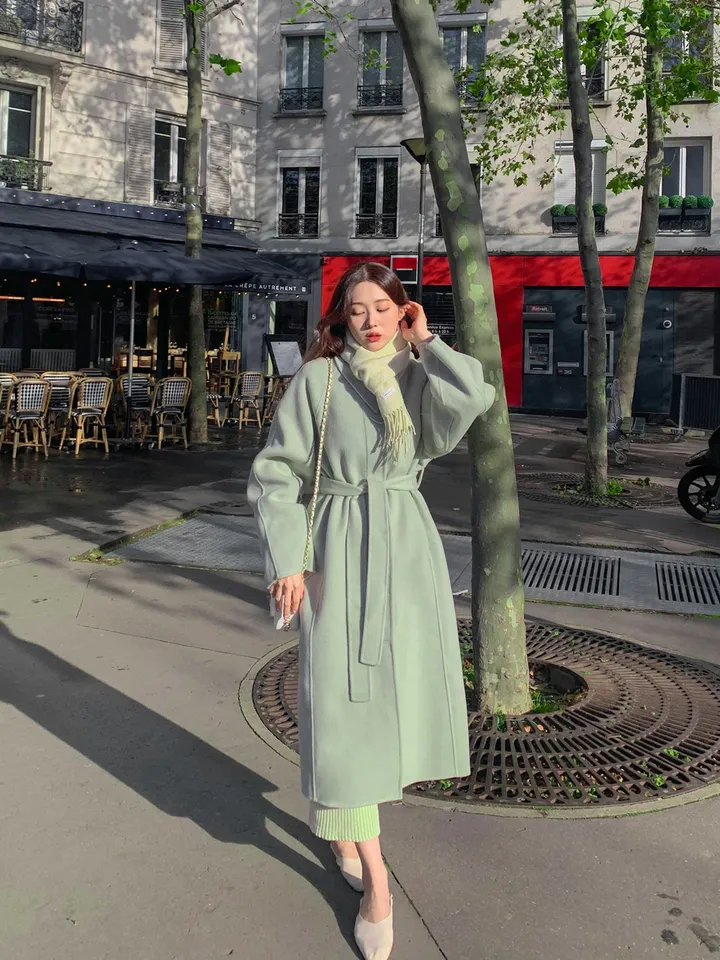 [메리노울100%🤎handmade] 백화점퀄 wool 핸드메이드 롱 울 코트 카라 로브 모직 루즈핏 벨트 싱글 히든버튼 트임 겨울 아우터 네이비 베이지 민트 3col 상세 이미지 27