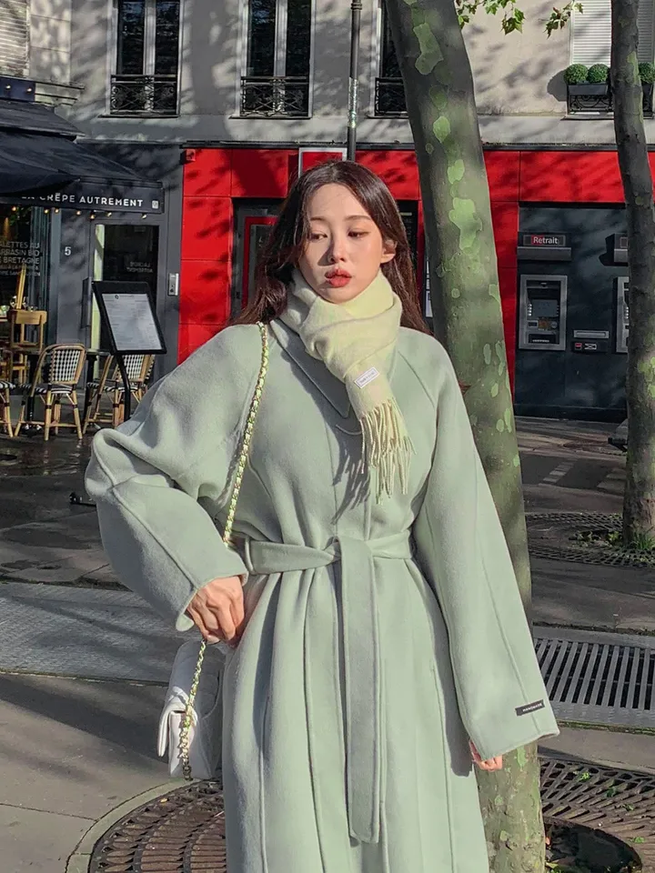 [메리노울100%🤎handmade] 백화점퀄 wool 핸드메이드 롱 울 코트 카라 로브 모직 루즈핏 벨트 싱글 히든버튼 트임 겨울 아우터 네이비 베이지 민트 3col 상세 이미지 60