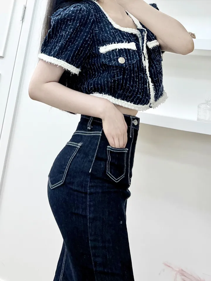 *인기폭주💙✨* 엘린 스퀘어넥 데님 퍼프 크롭 트위드자켓 데님트위드자켓 청자켓 (3COLOR) 하객룩 여름하객룩 여름자켓 썸머트위드 트위드블라우스 여름아우터 상세 이미지 8