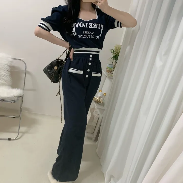 🚀당일발송🚀[세트가격/핏예술-!] 페니 배색 스퀘어넥 레터링 퍼프 시보리 반팔 + 밴딩 버튼 롱 와이드 팬츠 투피스 세트 2color 상세 이미지 14