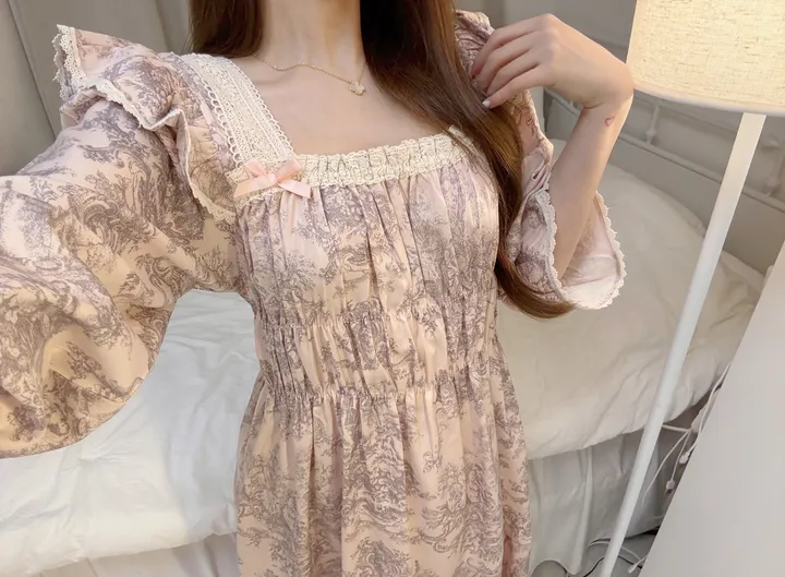 *빠른입고 [주문폭주💞/백화점라인]블루밍핑크 긴팔 원피스 투피스 스퀘어넥 트왈드주이 홈웨어 파자마 커플잠옷 상세 이미지 10