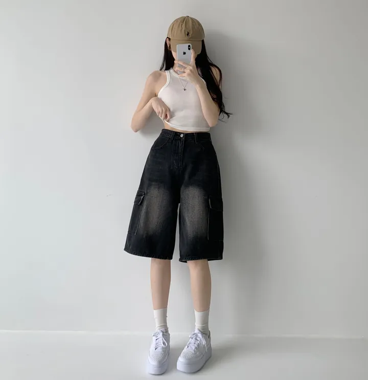 후기극찬![핏보장❤︎/힙무드/~XL] 이브닝 빈티지 힙 워싱 하이웨스트 와이드 카고 하프 버뮤다 5부 청 반바지 데님 팬츠 빅사이즈 상세 이미지 35