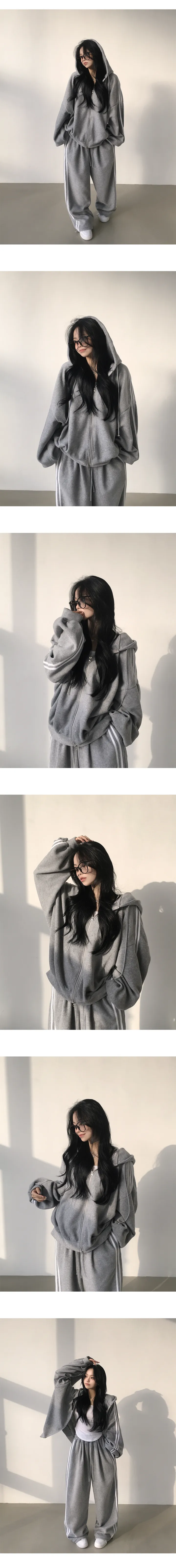 [도톰,포근~/후리스트레이닝세트🤍] 꾸안꾸 정석, 후리스 트랙 오버핏 투웨이 후드집업 + 밴딩 트랙 투웨이 스트링 조거 와이드 트레이닝팬츠 투피스 세트 (5color) 상세 이미지 4