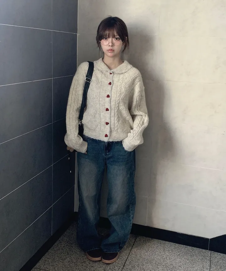 [MD추천✨러블리] 우토 하트 단추 카라 배색 니트 가디건 봄 가을 / 니트가디건 가디건 봄가디건 아우터 바람막이 청자켓 뮤잉 상세 이미지 31