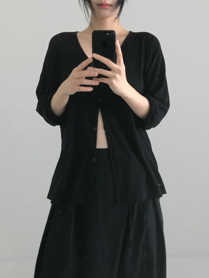 블랙 루즈핏 브이넥 가디건 상세 이미지 5