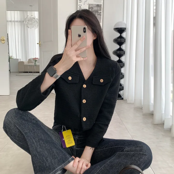 [부분 당일배송🎀1000장돌파!! 리뷰극찬🔥컬러추가!] 트위드 세미 크롭 자켓 노카라 간절기 하객룩 숏자켓 핑크 아이보리 블랙 네이비 - 5colors 상세 이미지 10