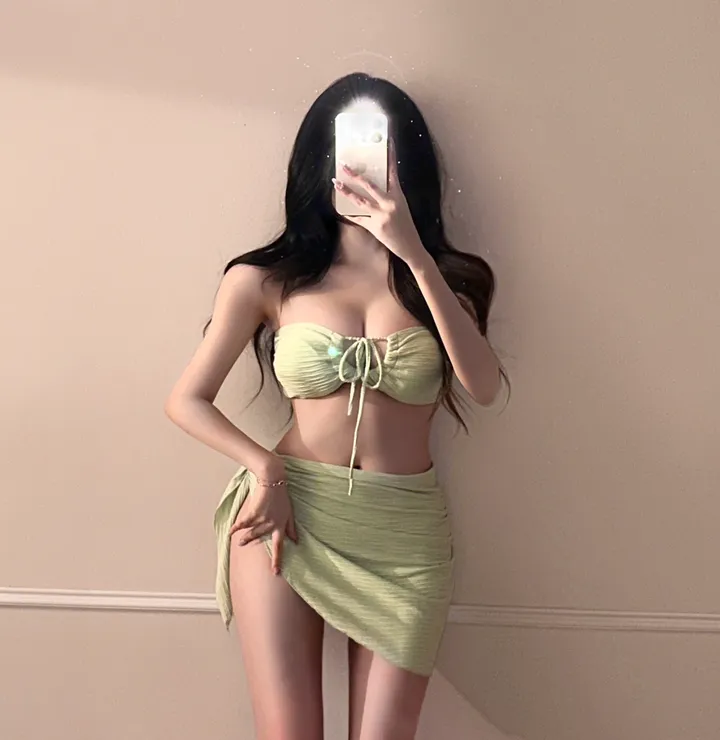 [최저가!!/핏보장/6col] 홀터넥 리본 X끈 4way 섹시 글램 스트랩 셔링 커버업 랩 스커트 치마 비키니 수영복 세트 비치웨어 휴양지룩 청순 여리 분위기 슬림핏 쓰리피스 상세 이미지 14