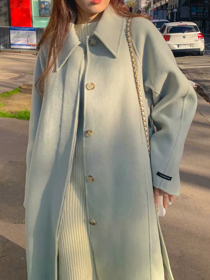 [메리노울100%🤎handmade] 백화점퀄 wool 핸드메이드 롱 울 코트 카라 로브 모직 루즈핏 벨트 싱글 히든버튼 트임 겨울 아우터 네이비 베이지 민트 3col 상세 이미지 55