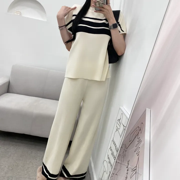 [set/1탄!]배색 니트 반팔 롱 와이드 팬츠 투피스 트레이닝 세트 2color 상세 이미지 7