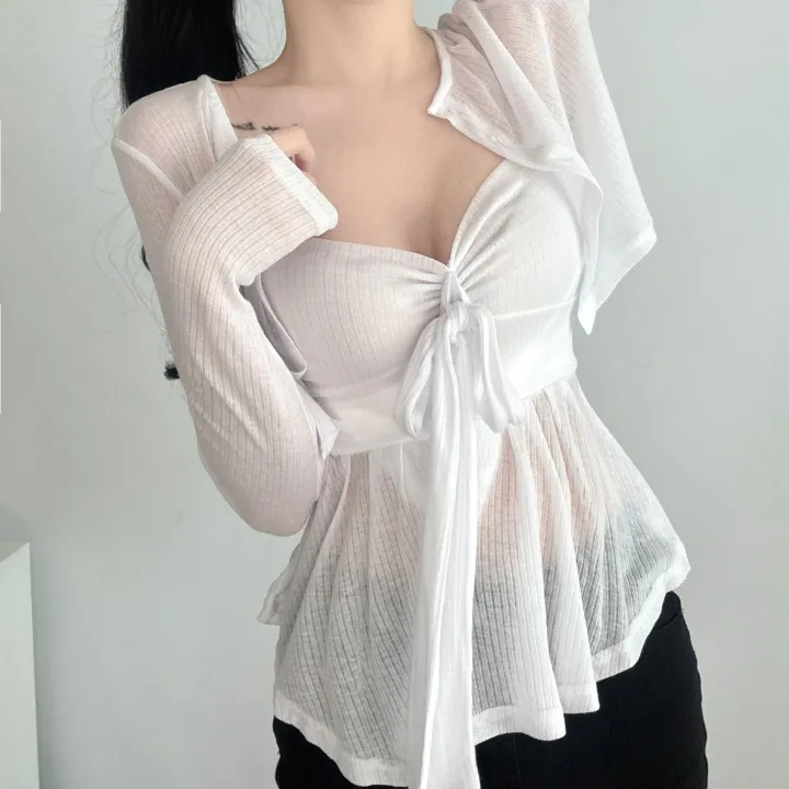 [존예/SET!] 브이넥 리본 플레어 끈조절 나시 블라우스 + 골지 가디건 투피스 세트 상세 이미지 5