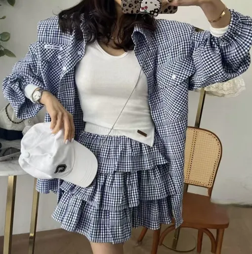 ((투피스룩*고퀄)) 오버핏 체크셔츠 캉캉치마 투피스 박시핏 빅사이즈 남방 치마 스커트 트레이닝 세트 여행룩 상세 이미지 5