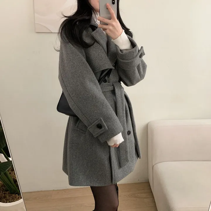 [누빔안감, 하객룩추천] 차분한무드 허리잘록 더블버튼 트렌치 하프 코트 상세 이미지 47