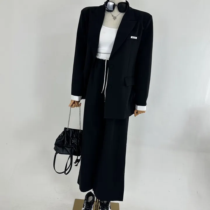 [25SS/*고퀄*/강추코디/하객룩/오피스룩/세트가격💕] 루즈핏 소매 레이어드 배색 미니패치 패드 베이직 자켓 + 하이 배색 밴딩 롱 슬랙스 와이드 팬츠 SET셋업(3COLOR) 상세 이미지 31
