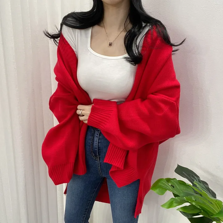 🚀당일발송-레드/블랙🚀[고퀄/데일리룩] 봄🌸 가을 디얼 터크 언발 오버핏 니트 가디건 상세 이미지 22
