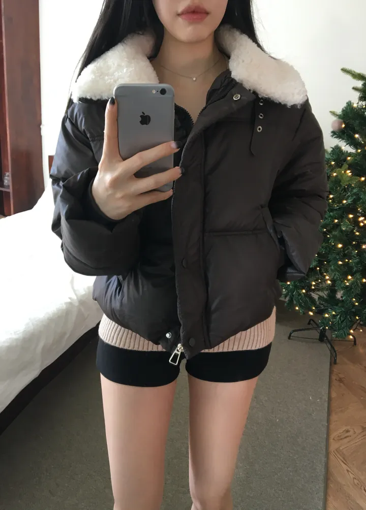 [부해보임X/주문폭주] 벌론 양털 뽀글이 카라 스트링 버클 레더 숏 패딩 상세 이미지 7