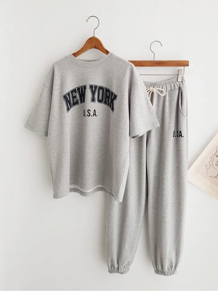 [데일리SET] NEW YORK 프린트 반팔티셔츠 오버핏반팔 밴딩팬츠 조거팬츠 조거바지 트레이닝세트 반팔세트 조거세트 츄리닝세트 이지웨어세트 여름트레이닝복 운동복세트 공항룩 상세 이미지 9
