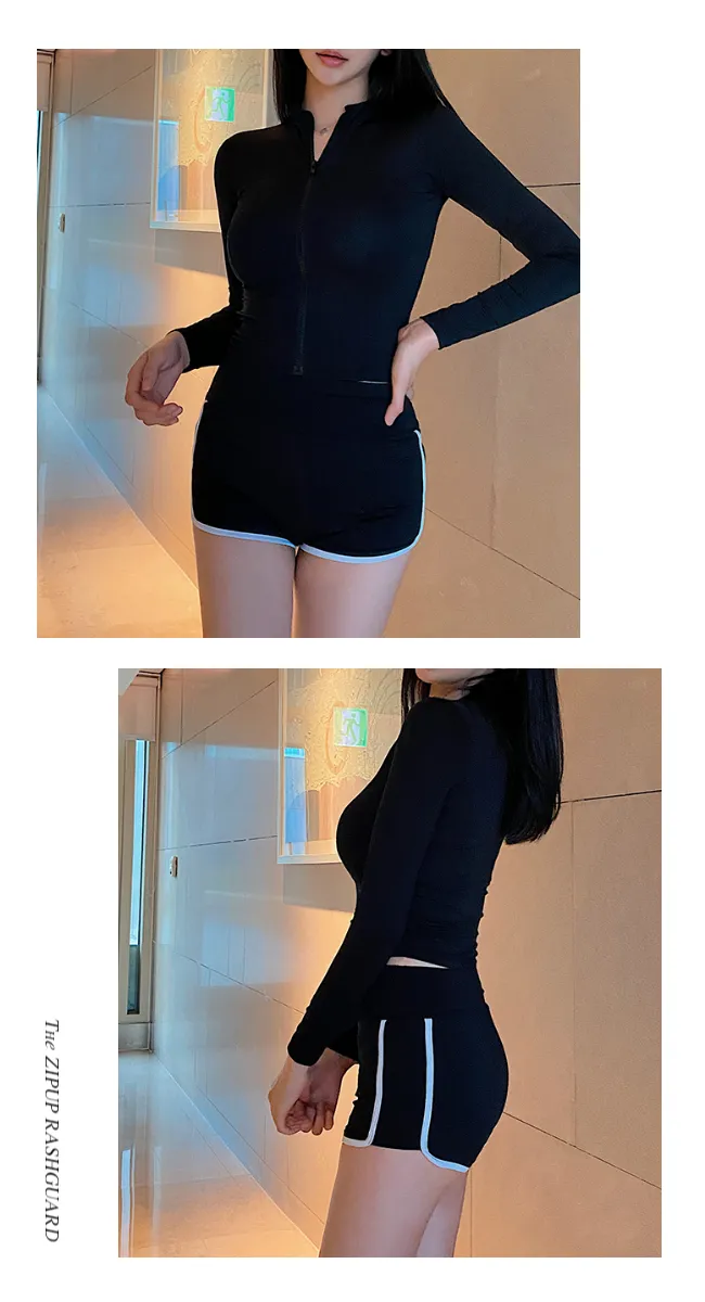 [주문폭주] 플레인 실내 비치웨어 스윔웨어 집업 긴팔 래쉬가드 수영복(아이보리/블랙) 상세 이미지 18